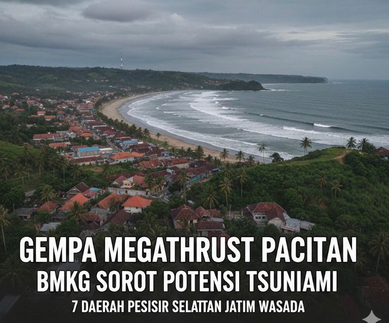 Gempa Megathrust Pacitan disorot BMKG. Tujuh daerah pesisir selatan Jatim diminta waspada potensi gempa besar dan tsunami.