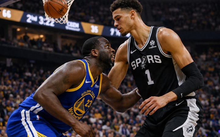 Draymond Green berduel ketat dengan Victor Wembanyama di bawah ring saat Warriors menghadapi Spurs dalam laga NBA yang panas.