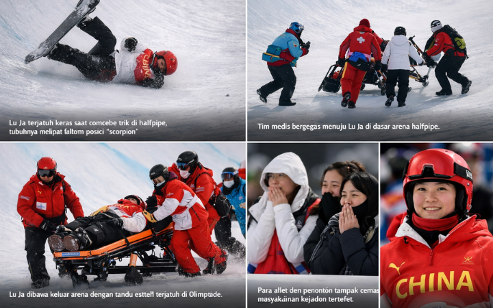 Snowboarder China Lu Ja terjatuh keras saat kualifikasi halfpipe Olimpiade dan harus dibawa keluar arena dengan tandu.