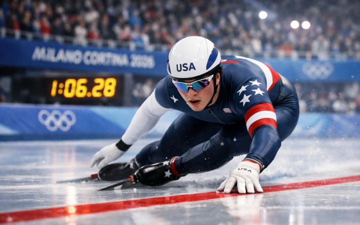 Jordan Stolz meluncur melewati garis finis pada final speed skating 1.000 meter Olimpiade Milano Cortina 2026 dengan catatan waktu 1:06,28, memastikan medali emas untuk Amerika Serikat.