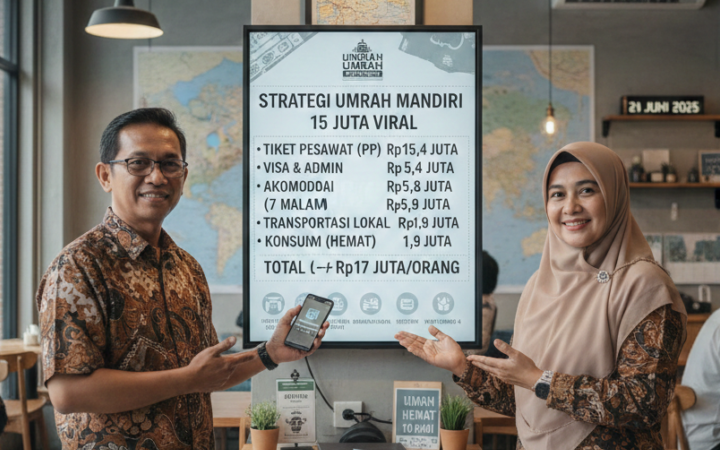 Tutorial lengkap umrah mandiri 2025 dengan biaya Rp11,2 juta. Simak rincian tiket, visa, hotel, dan transportnya.