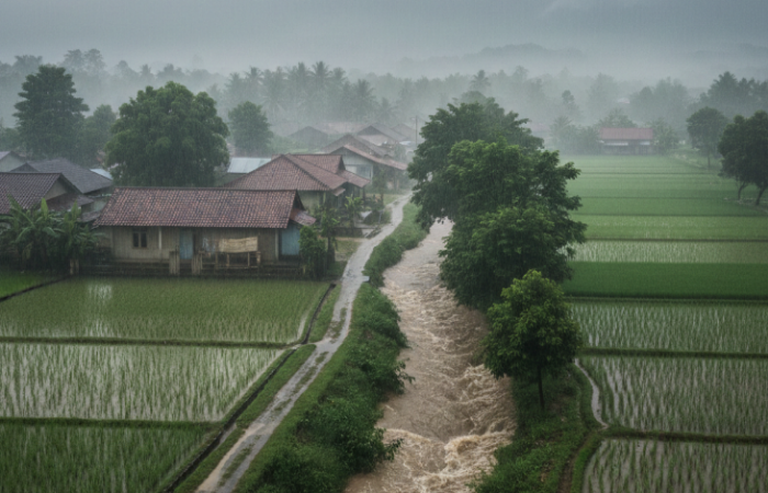 Kampung Cilangen Tasikmalaya diselimuti hujan dan kabut, sawah hijau serta sungai deras jernih bikin takjub.
