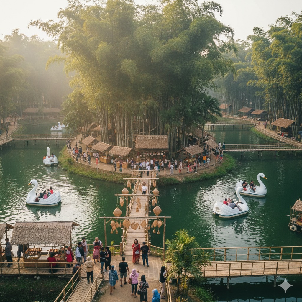 Bonpring Turen Malang Viral! Wisata Danau dan Bambu Rp10 Ribu Ini Punya Pulau Tengah Danau, Perahu Angsa hingga Pasar Jadul