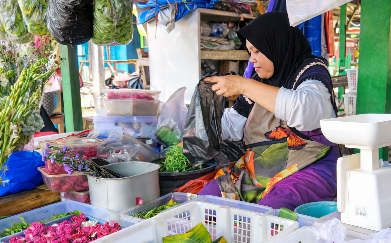 Potret pedagang bunga tabur sedang melayani pembeli untuk keperluan ziarah kubur