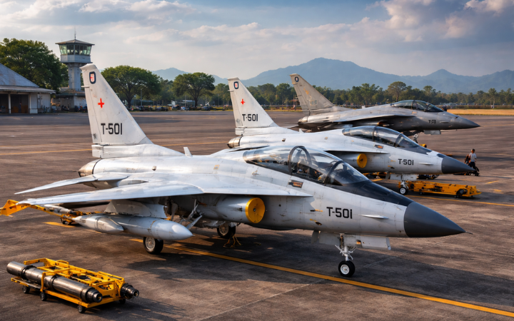 Dua pesawat latih tempur T-50i TNI AU terparkir di apron Lanud Iswahjudi, memperkuat armada pertahanan udara Indonesia.