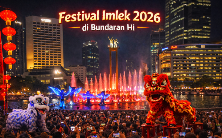 Ribuan warga memadati kawasan Bundaran HI, Jakarta, menyaksikan pertunjukan barongsai dan LED show dalam kemeriahan Festival Imlek 2026, Jumat (14/2) malam.