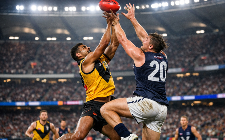 Duel sengit antara Charlie Cameron (WA) dan Jake Waterman (Victoria) dalam laga State of Origin AFL berakhir dengan dimenangi Victoria 24 poin .