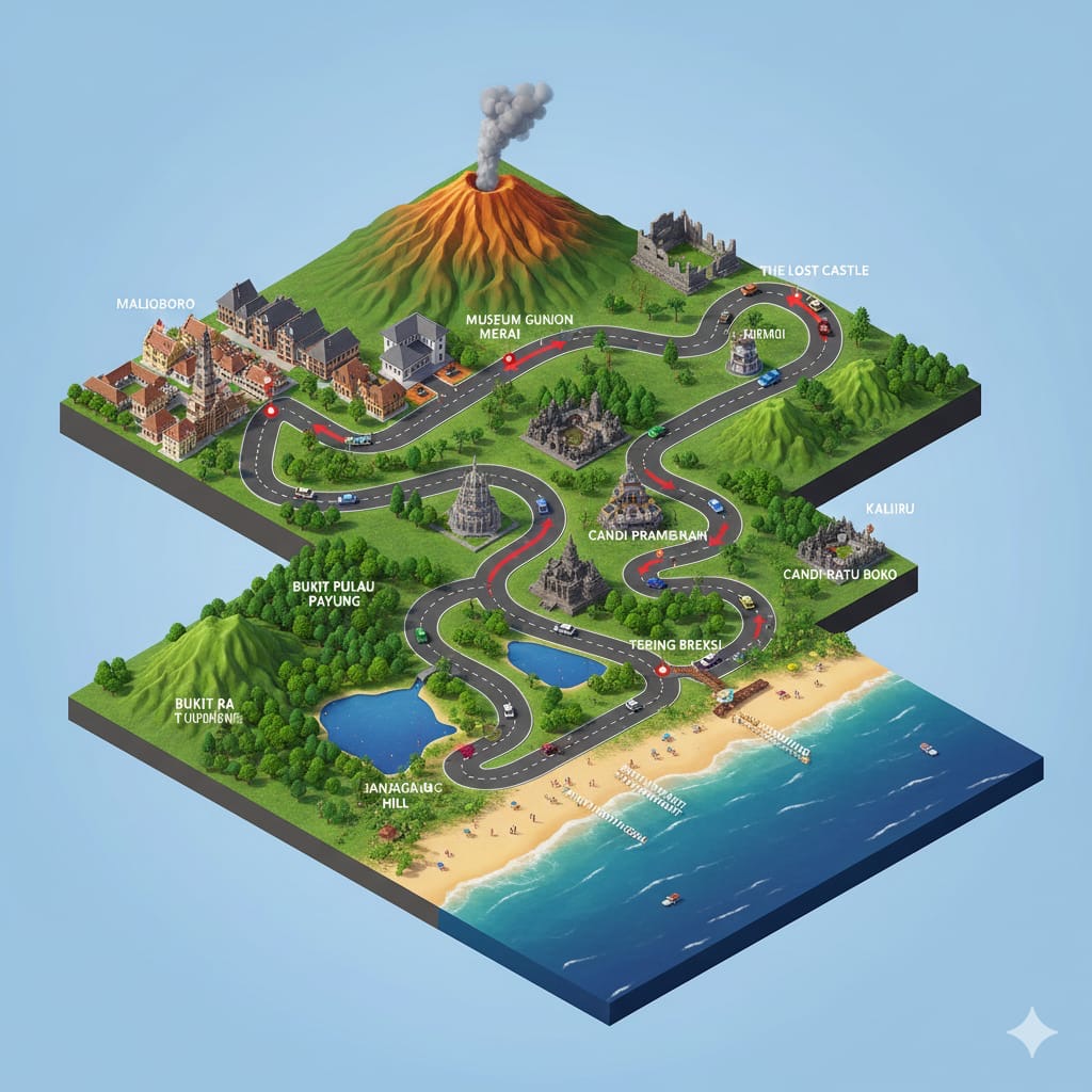 Rute wisata Jogja satu arah 2025: Malioboro, Candi, Pantai, dan Gunung Merapi untuk liburan efisien dan tak terlupakan.