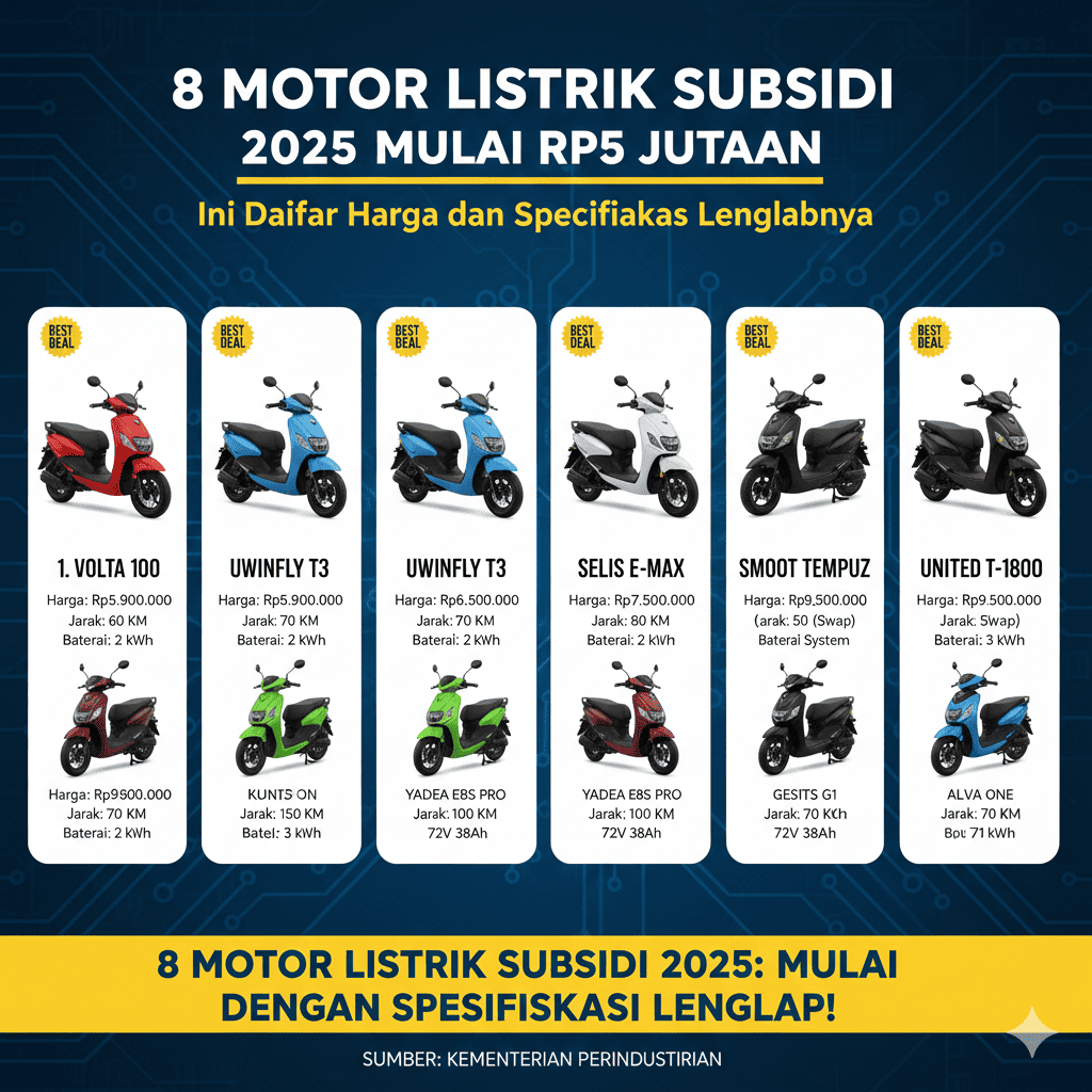 Daftar Motor Listrik Subsidi 2025 Mulai Rp5 Jutaan, Ini 8 Tipe dengan TKDN 40% dan Potongan Rp7 Juta