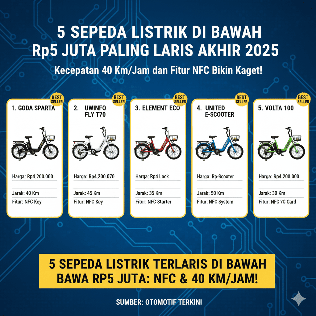 5 Sepeda Listrik di Bawah Rp5 Juta Paling Laris Akhir 2025, Kecepatan 40 Km/Jam dan Fitur NFC Bikin Kaget!