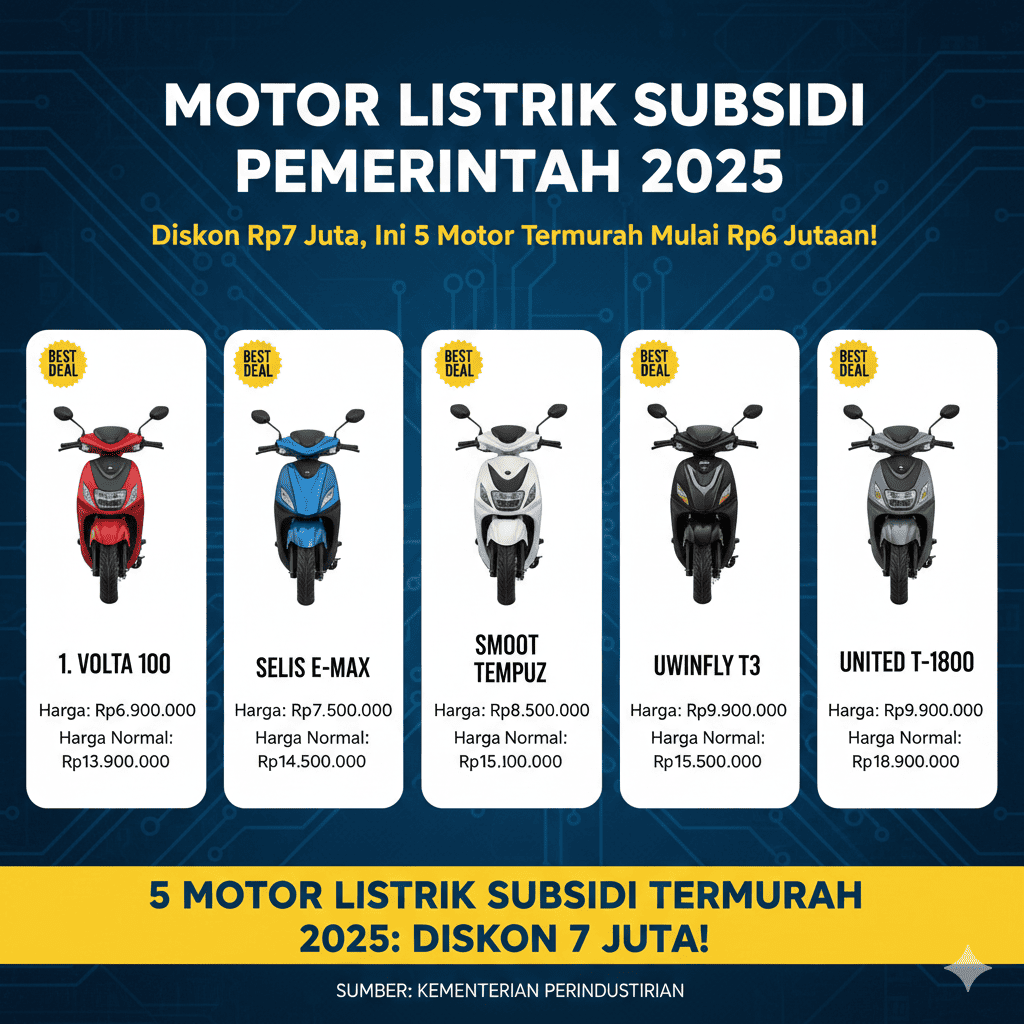 Motor Listrik Subsidi Pemerintah 2025 Diskon Rp7 Juta, Ini 5 Motor Termurah Mulai Rp6 Jutaan!