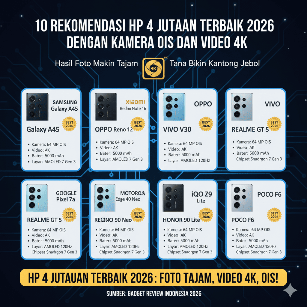 10 Rekomendasi HP 4 Jutaan Terbaik 2026 dengan Kamera OIS dan Video 4K, Hasil Foto Makin Tajam Tanpa Bikin Kantong Jebo