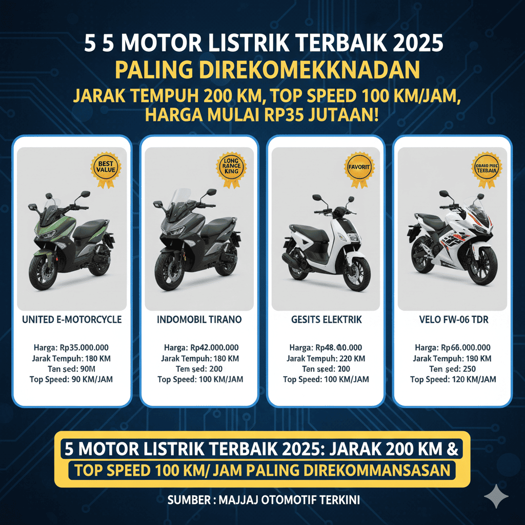 5 Motor Listrik Terbaik 2025 Paling Direkomendasikan: Jarak Tempuh 200 Km, Top Speed 100 Km/Jam, Harga Mulai Rp35 Jutaan! 