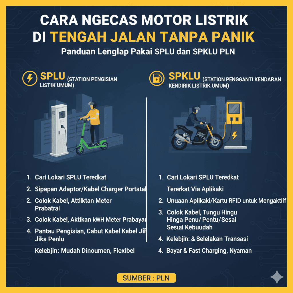 Cara Ngecas Motor Listrik di Tengah Jalan Tanpa Panik, Ini Panduan Lengkap Pakai SPLU dan SPKLU PLN