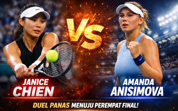 Janice Chien (kiri) bersiap mengembalikan bola saat menghadapi Amanda Anisimova (kanan) dalam duel sengit perebutan tiket perempat final turnamen WTA di Timur Tengah.