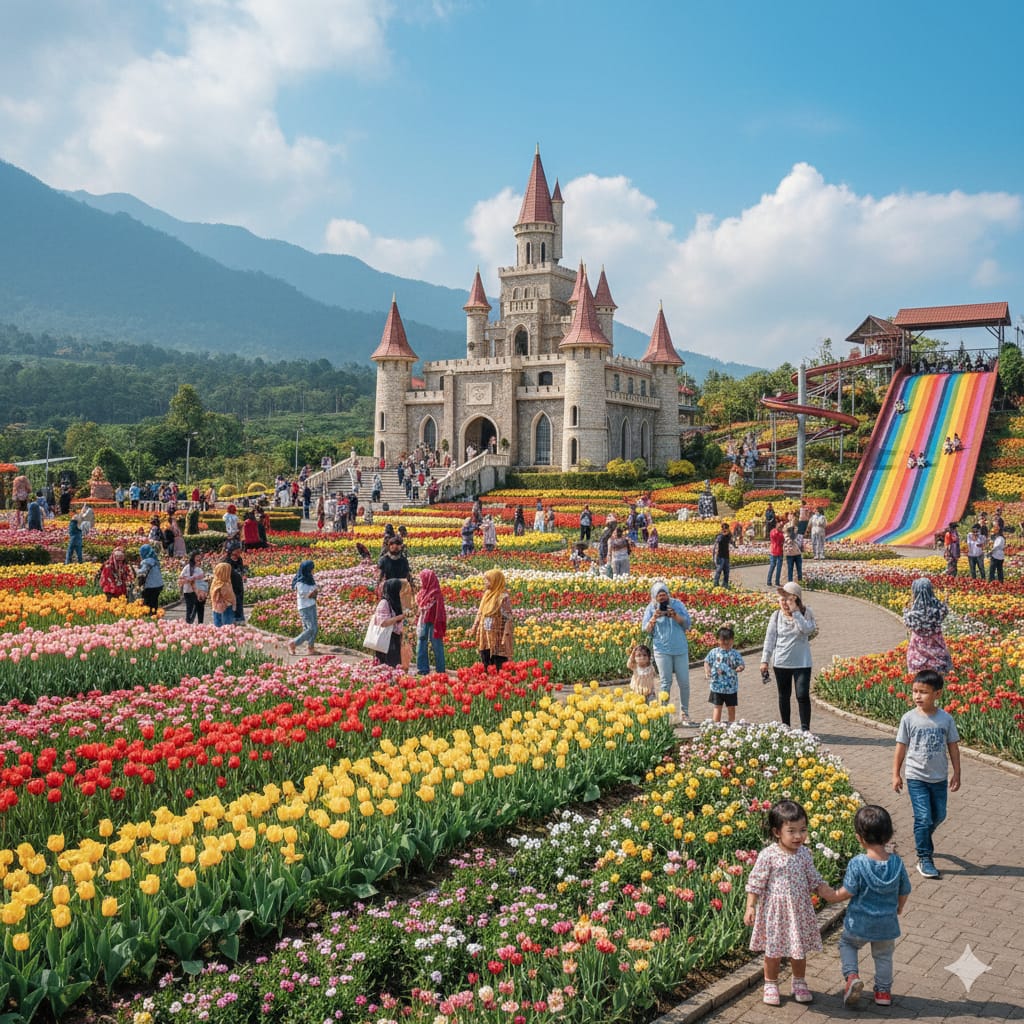 Flora Wisata Santera Delaponte Malang hadirkan Dino World, Rainbow Slide, Tower Drop dan 700 jenis bunga, cocok liburan keluarga.