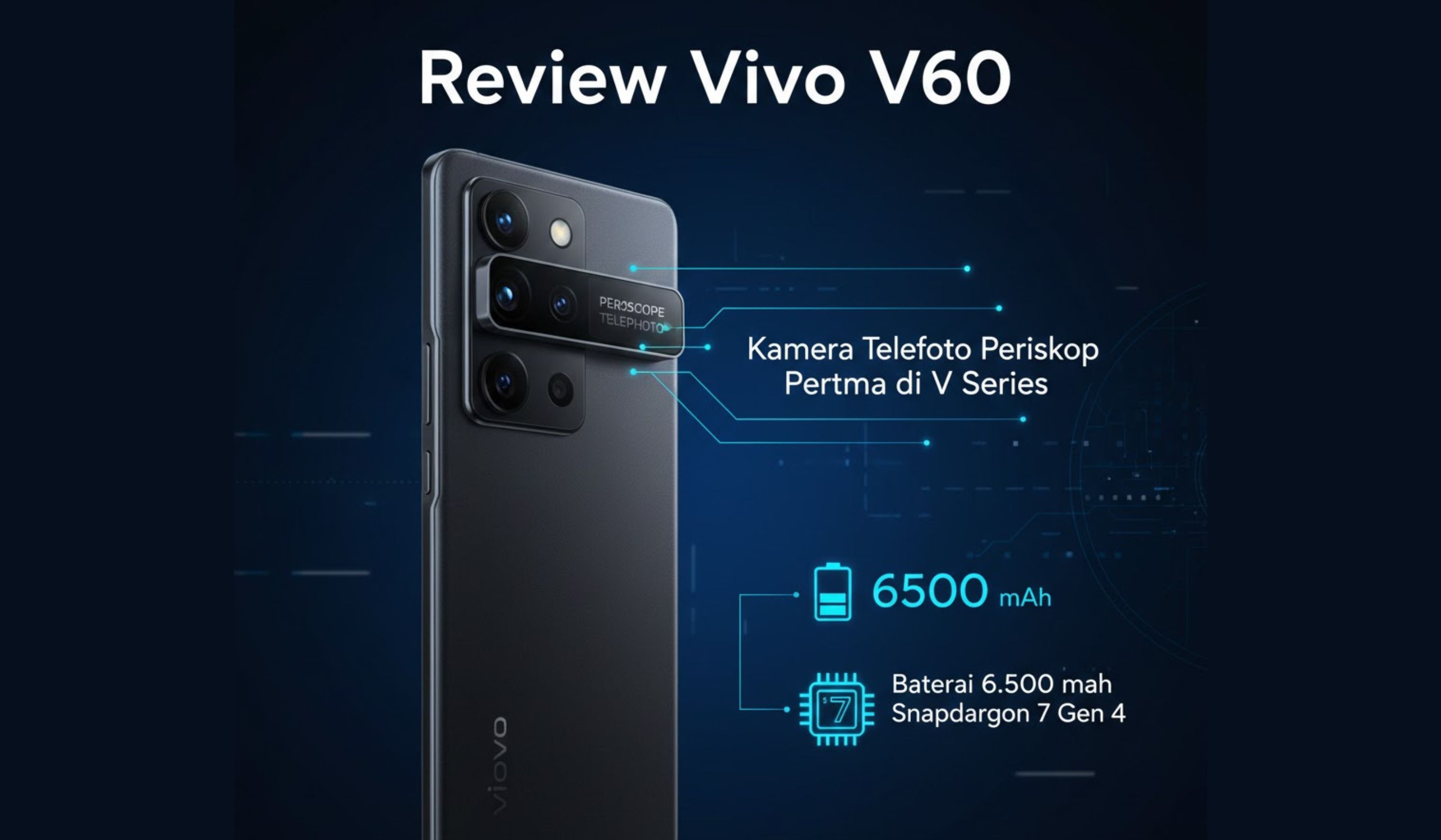Review Vivo V60 dengan kamera telefoto periskop, Snapdragon 7 Gen 4, baterai 6.500 mAh, layar AMOLED 120Hz.