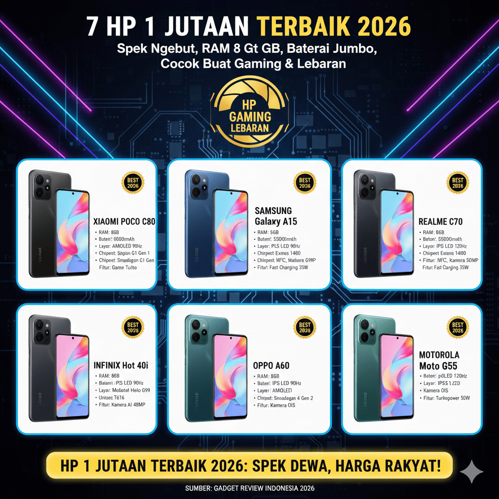 7 HP 1 Jutaan Terbaik 2026: Spek Ngebut, RAM 8 GB, Baterai Jumbo, Cocok Buat Gaming dan Lebaran