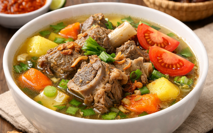 Sup kambing hangat dengan kuah bening gurih, daging empuk tanpa bau amis, lengkap dengan wortel, kentang, dan taburan seledri&mdash;cocok untuk menu buka puasa dan sahur.