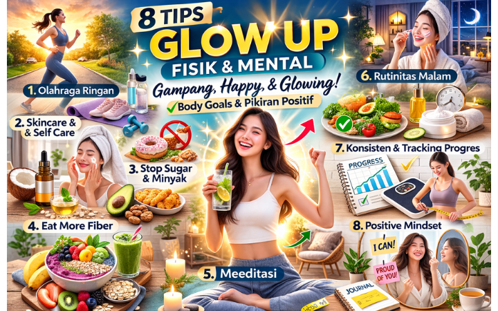 8 tips glow up fisik dan mental paling gampang, mulai dari olahraga ringan, skincare, stop sugar, hingga meditasi untuk hidup lebih happy, sehat, dan glowing.