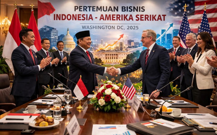 Presiden Prabowo Subianto berjabat tangan dengan perwakilan pengusaha Amerika Serikat dalam pertemuan bisnis di Washington DC, membahas peningkatan perdagangan dan investasi RI&ndash;AS.