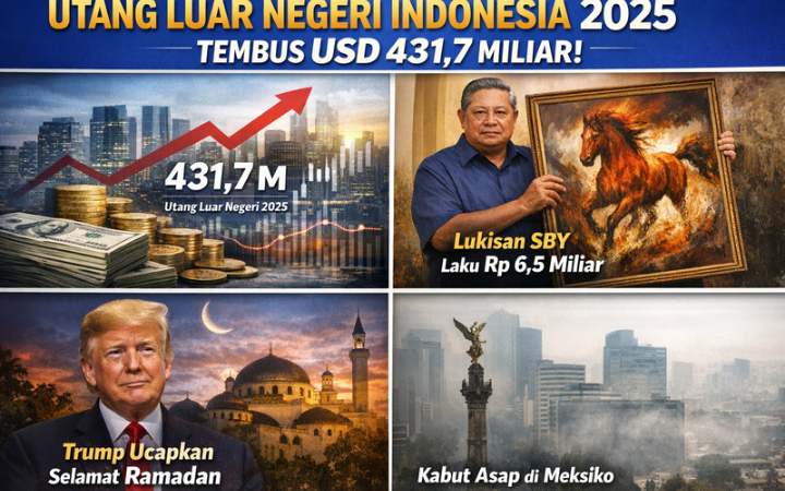 Utang luar negeri Indonesia 2025 menembus USD 431,7 miliar, lukisan SBY laku Rp6,5 miliar, Trump kirim ucapan Ramadan, dan kabut asap kepung Meksiko.