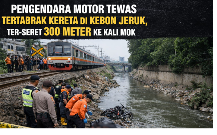 Petugas mengevakuasi korban kecelakaan di Kebon Jeruk, pengendara motor tewas tertabrak kereta dan terseret 300 meter.