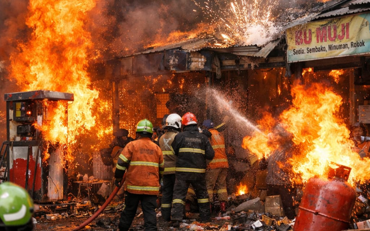 Toko kelontong di Madiun terbakar diduga korsleting pom mini. Petasan &amp; LPG meledak, kerugian ditaksir capai Rp1 miliar.