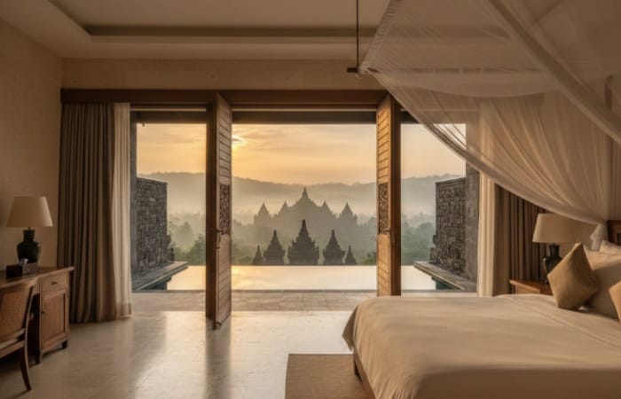 Menginap di Amanjiwo Yogyakarta Rp25 juta per malam, Borobudur Suite dengan view langsung Candi Borobudur.