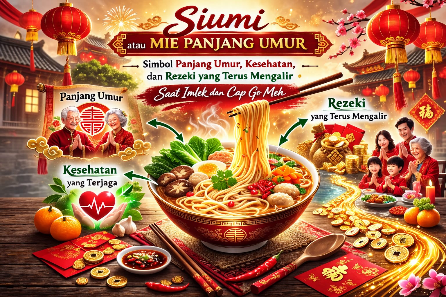 Siumi atau mie panjang umur jadi simbol doa saat Imlek dan Cap Go Meh&mdash;harapan panjang umur, kesehatan, dan rezeki yang terus mengalir untuk keluarga. 