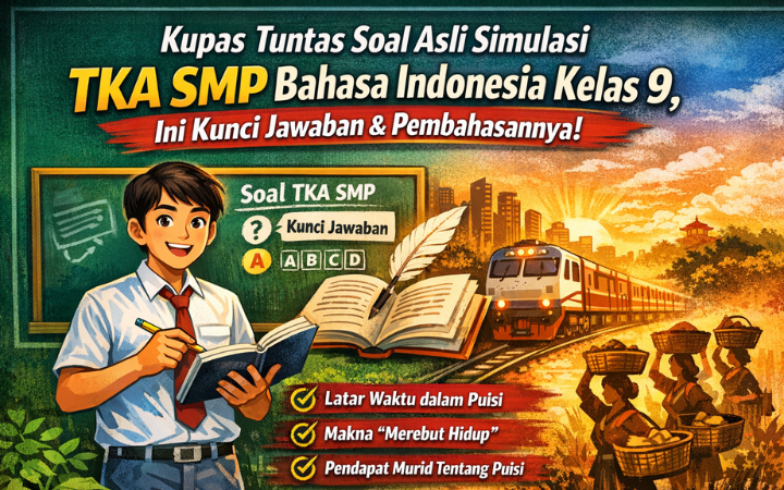 Ilustrasi pembahasan soal asli simulasi TKA SMP Bahasa Indonesia kelas 9 yang mengulas latar waktu puisi, makna kiasan, dan suasana haru dalam karya sastra.