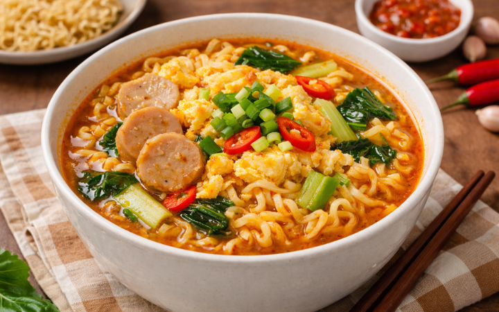 Mie Goreng Indomie kuah pedas untuk sahur, lengkap dengan telur, bakso, dan sayur. Gurih, pedas, dan bikin nambah!  