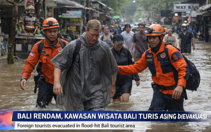 Bali dilanda banjir, sejumlah kawasan wisata terendam. Turis asing dievakuasi demi keselamatan.