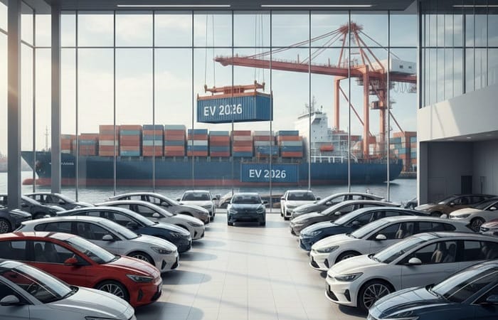 Prompt:  Buat ilustrasi realistik bergaya foto jurnalistik tentang perang harga mobil listrik tahun 2026 di Indonesia. Tampilan simpel dan clean, fokus pada deretan mobil listrik modern di showroom at