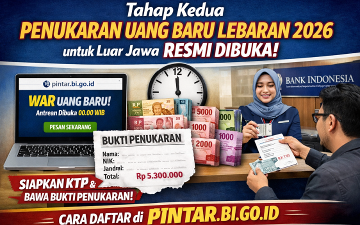 Warga luar Pulau Jawa antre secara online melalui pintar.bi.go.id untuk mendapatkan penukaran uang baru Lebaran 2026 tahap kedua dari Bank Indonesia.