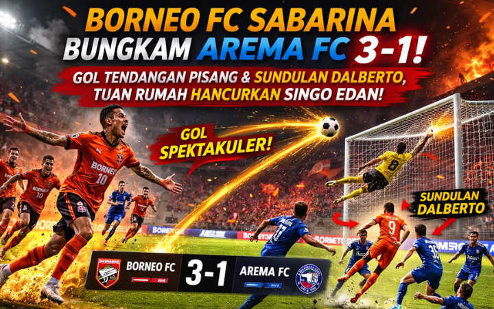 **Caption:**  ???? Borneo FC Sabarina tampil menggila! Tuan rumah sukses membungkam Arema FC 3-1 lewat gol tendangan pisang spektakuler dan sundulan tajam Dalberto.
