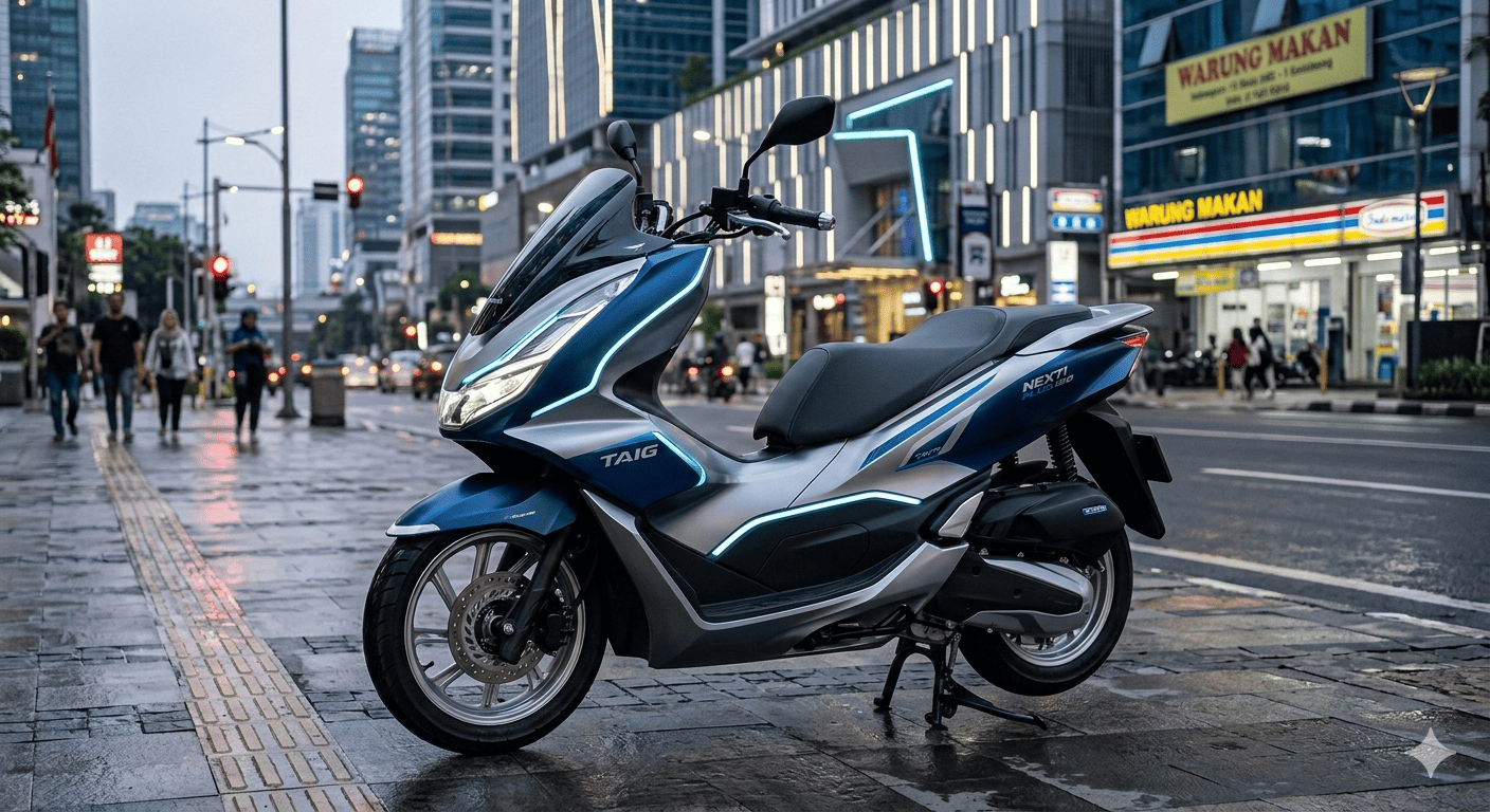 Taig Nexti Plus 150 hadir dengan desain futuristik mirip Honda PCX, fitur TFT, ABS, dan opsi hybrid.  