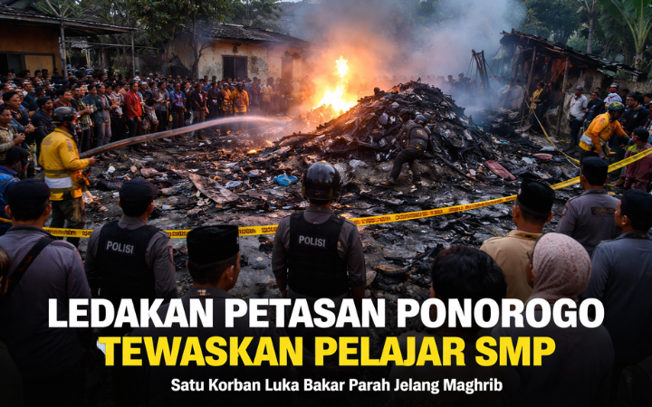 Ledakan petasan di Ponorogo tewaskan pelajar SMP, satu korban luka bakar 80 persen jelang magrib di Desa Ploso Jenar. 