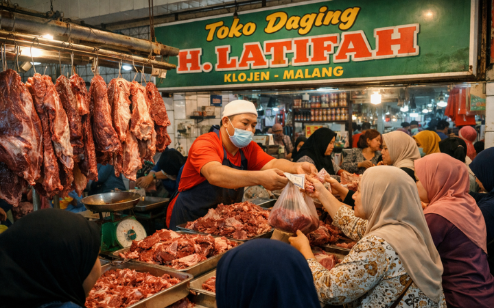 Penjualan daging sapi naik di Klojen Malang jelang Lebaran 2026, ibu-ibu serbu toko sejak pagi untuk stok rawon dan rendang. 