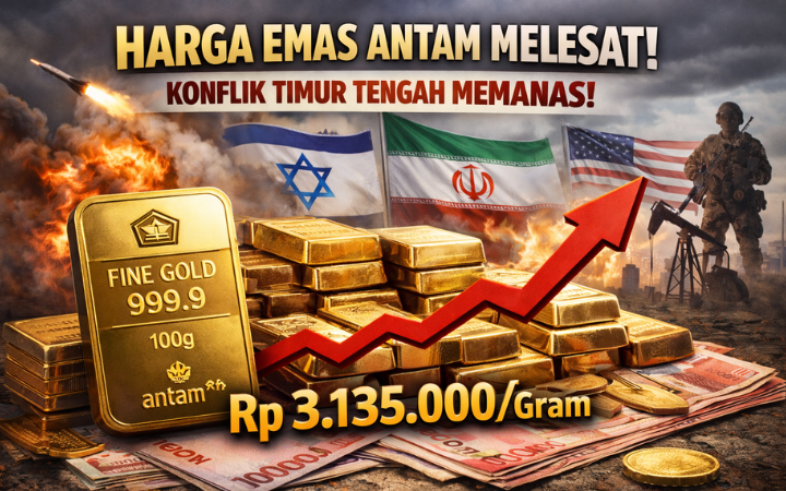 Harga emas Antam melonjak ke Rp3.135.000 per gram. Konflik Timur Tengah dan ketidakpastian global memicu lonjakan harga logam mulia. 