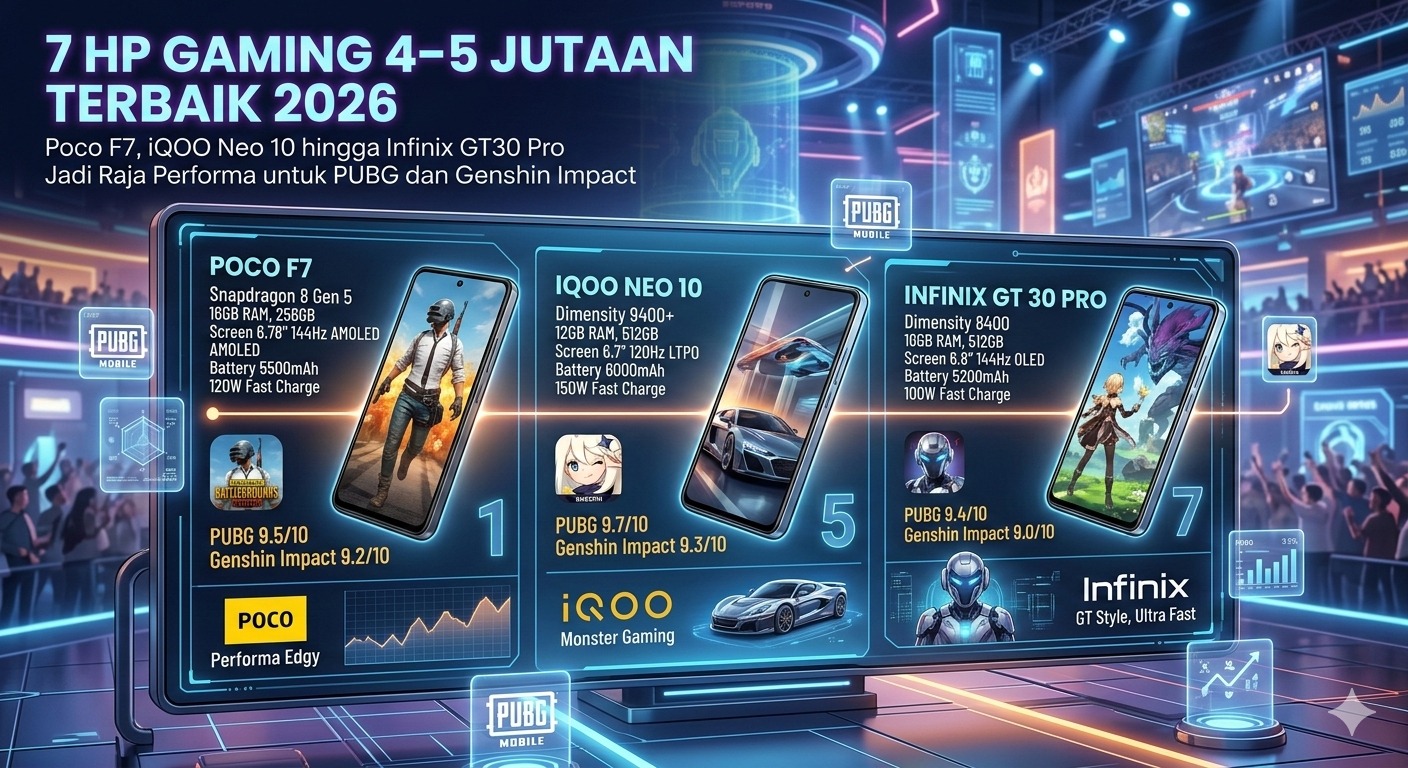 7 HP Gaming 4&ndash;5 Jutaan Terbaik 2026: Poco F7, iQOO Neo 10 hingga Infinix GT30 Pro Jadi Raja Performa untuk PUBG dan Genshin Impact