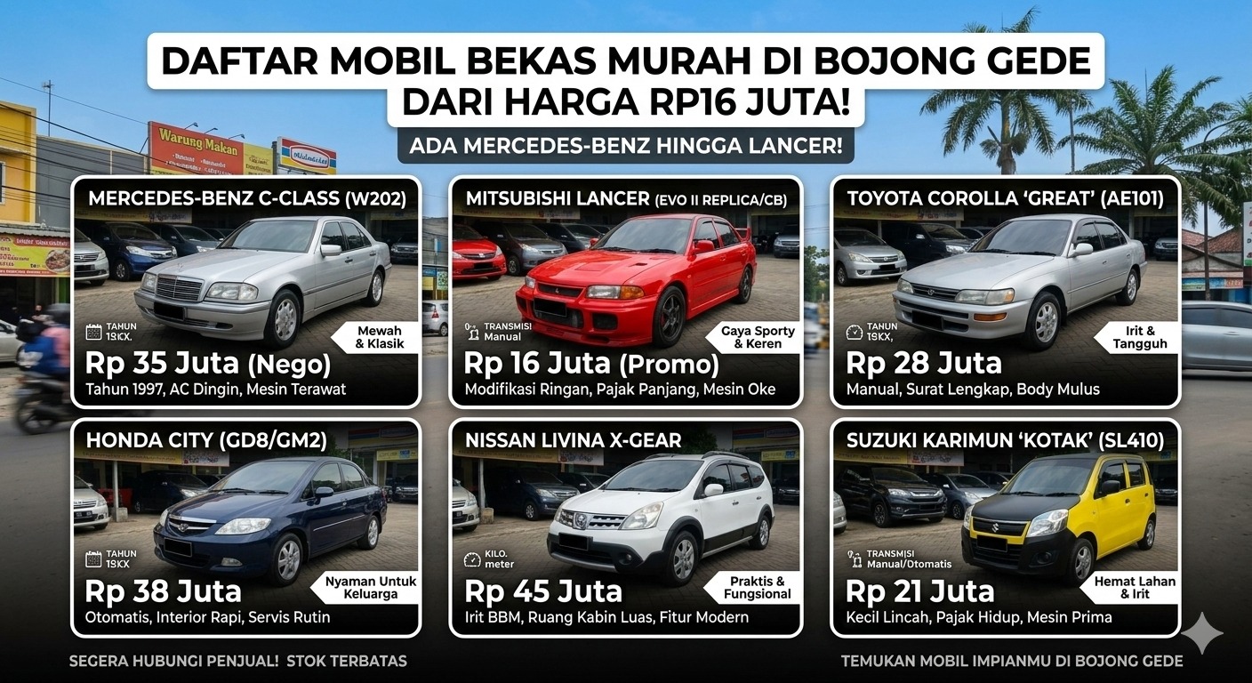 Daftar Mobil Bekas Murah Mulai Rp16 Juta di Bojong Gede, Ada Mercedes-Benz hingga Lancer