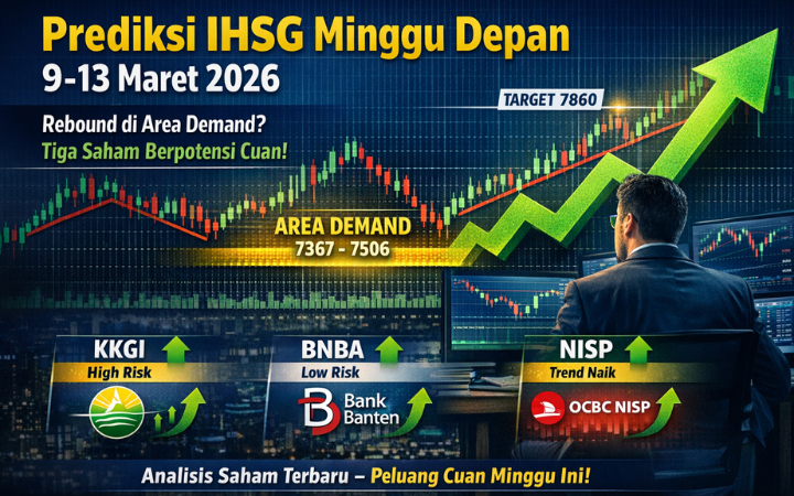 **Caption Gambar:**  Grafik ilustrasi pergerakan IHSG yang diprediksi berpotensi rebound pada pekan 9&ndash;13 Maret 2026 setelah mendekati area demand 7.367&ndash;7.506, dengan tiga saham yang dinilai menarik.