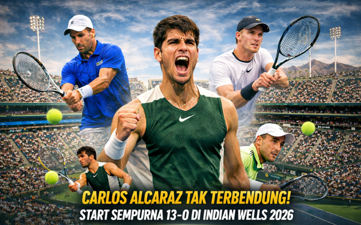 **Caption Gambar:** Carlos Alcaraz merayakan kemenangan saat tampil dominan di Indian Wells Masters 2026, memperpanjang rekor tak terkalahkan menjadi 13-0 di awal musim.