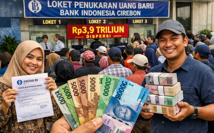 Warga mengantre di loket penukaran uang baru Bank Indonesia Cirebon, Jawa Barat, jelang Lebaran. BI menyiapkan Rp3,9 triliun berbagai pecahan untuk kebutuhan masyarakat.