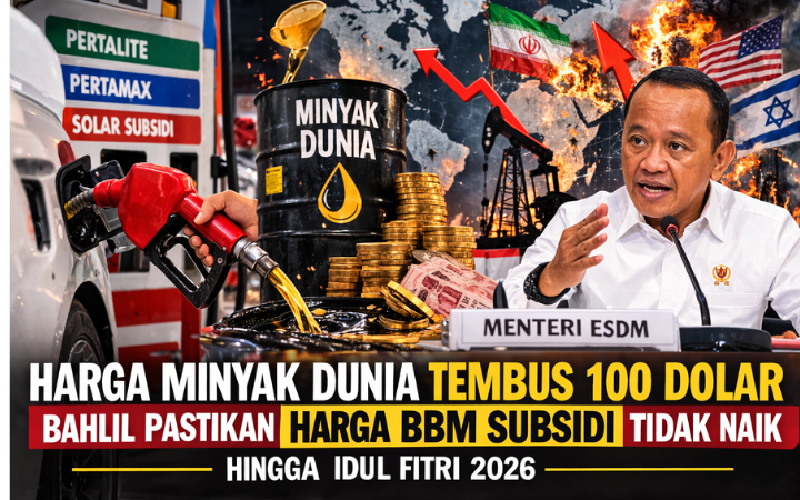 Harga minyak dunia tembus 100 dolar akibat konflik Timur Tengah. Menteri ESDM Bahlil pastikan harga BBM subsidi tidak naik hingga Idul Fitri 2026. 