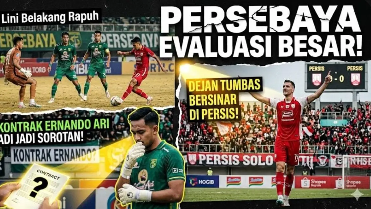 Persebaya Surabaya evaluasi besar, Dejan Tumbas bersinar di Persis, lini belakang rapuh, kontrak Ernando Ari jadi sorotan.
