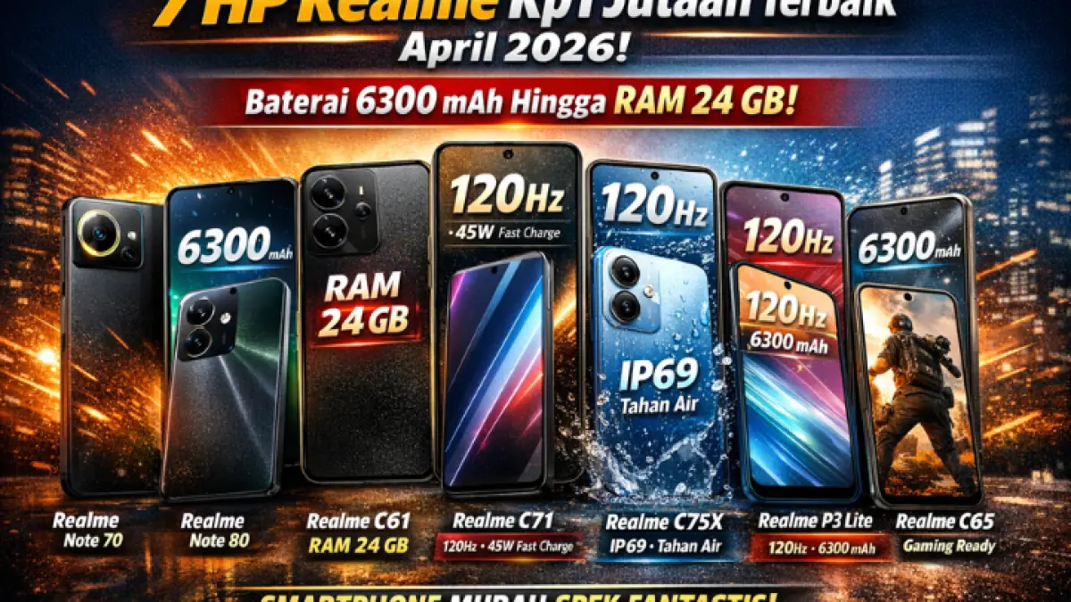 Deretan HP Realme Rp1 jutaan terbaik April 2026 hadir dengan spesifikasi menggiurkan, mulai baterai 6300 mAh hingga RAM besar dan fitur layar 120Hz. (AI)
