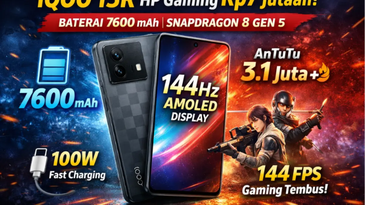 iQOO 15R hadir sebagai HP gaming Rp7 jutaan dengan baterai jumbo 7600 mAh, layar AMOLED 144Hz, dan performa kencang Snapdragon 8 Gen 5. (AI)
