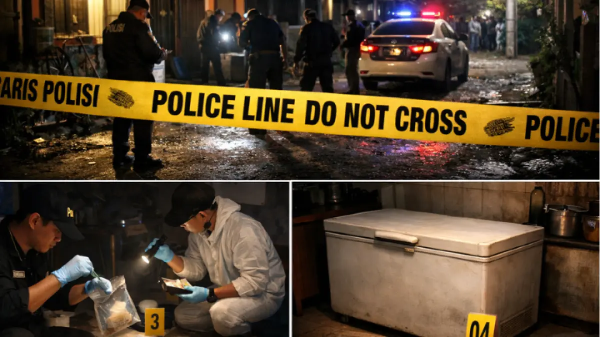 Polisi olah TKP pembunuhan karyawan ayam geprek di Bekasi, freezer jadi barang bukti penyimpanan jasad korban.